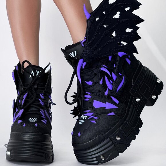 Anthony Wang PURPLE LEMON Dragon Wing Black Platform Sneakers - Picture 3 of 6
